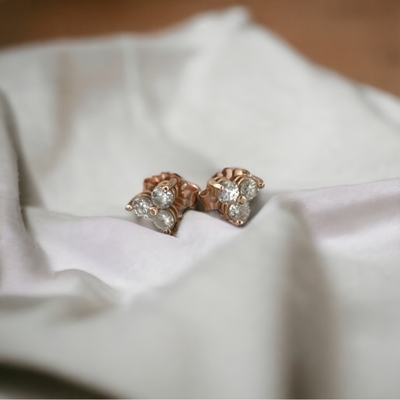 14K Rose Gold 1/3 CTW Natural Diamond Three-Stone Stud Earrings - Picture 3 of 9